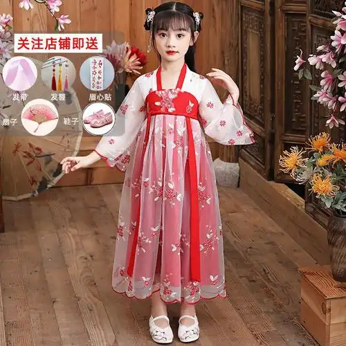 满天星红色买一送四 170 儿童汉服女童夏装中国风童装唐装超仙连衣裙1