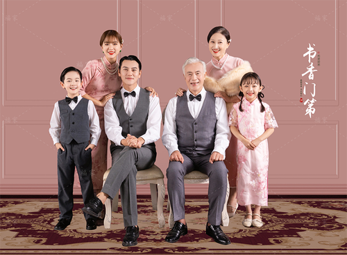 全家福一家6口粉色旗袍民国国风主题影楼工作室儿童演出服