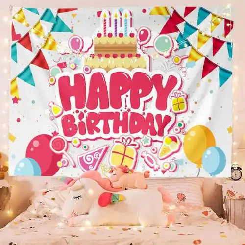 生日背景布生日快乐挂布可爱卡通派对装饰布网红墙布挂毯代发 图片