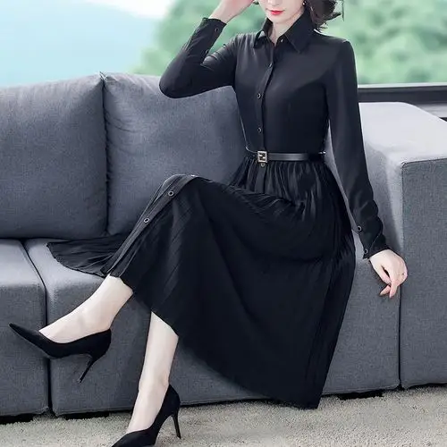 女装 名媛长袖连衣裙女春秋收腰显瘦长款过膝女神范轻熟风高端大牌