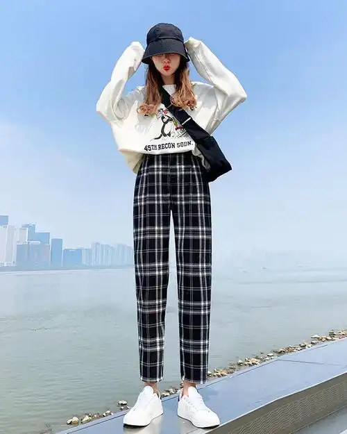 黑白格子裤子女宽松宽松显瘦百搭休闲春夏季束脚裤九分秋冬哈伦裤