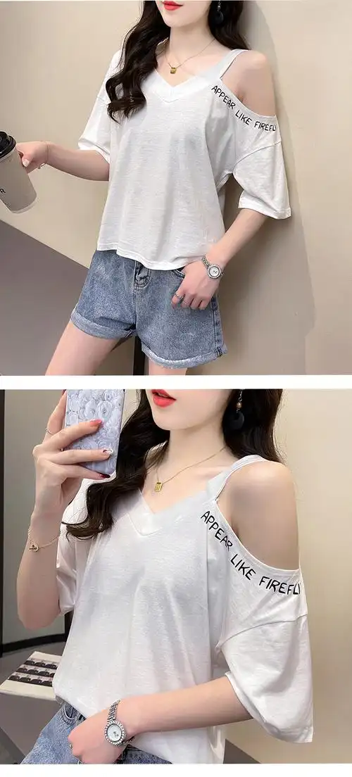 夏天穿的露肩膀t恤上衣女生漏肩衣服短袖女2022年半袖桖宽松v领薄款