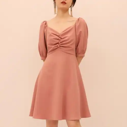 tansshop收腰裙子显瘦纽扣褶皱气质修身夏新款连衣裙连衣裙