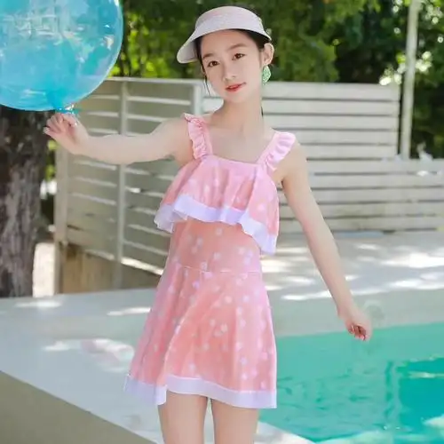 女童泳衣少女款可爱印花小清新吊带连体裙式波点大童游泳衣批发