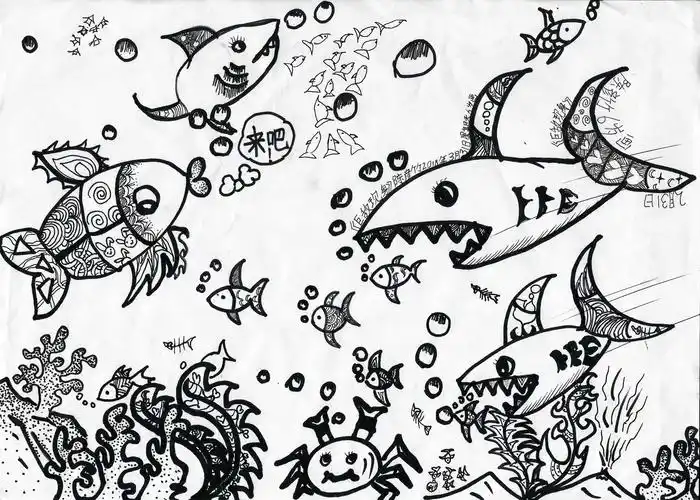 线描作品-海底世界-陈彦竹-6岁-线描-美术-作品集-艺源文化艺术培训