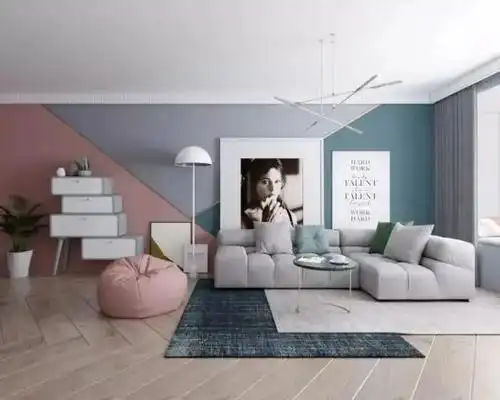 不同色系竖向拼接△不同色系横向拼接沙发背景墙,还可以通过拼色