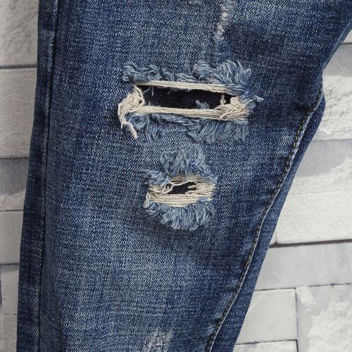 时尚猫须破洞贴布牛仔裤男 青年韩版修身磨烂裤脚9九分乞丐小脚裤