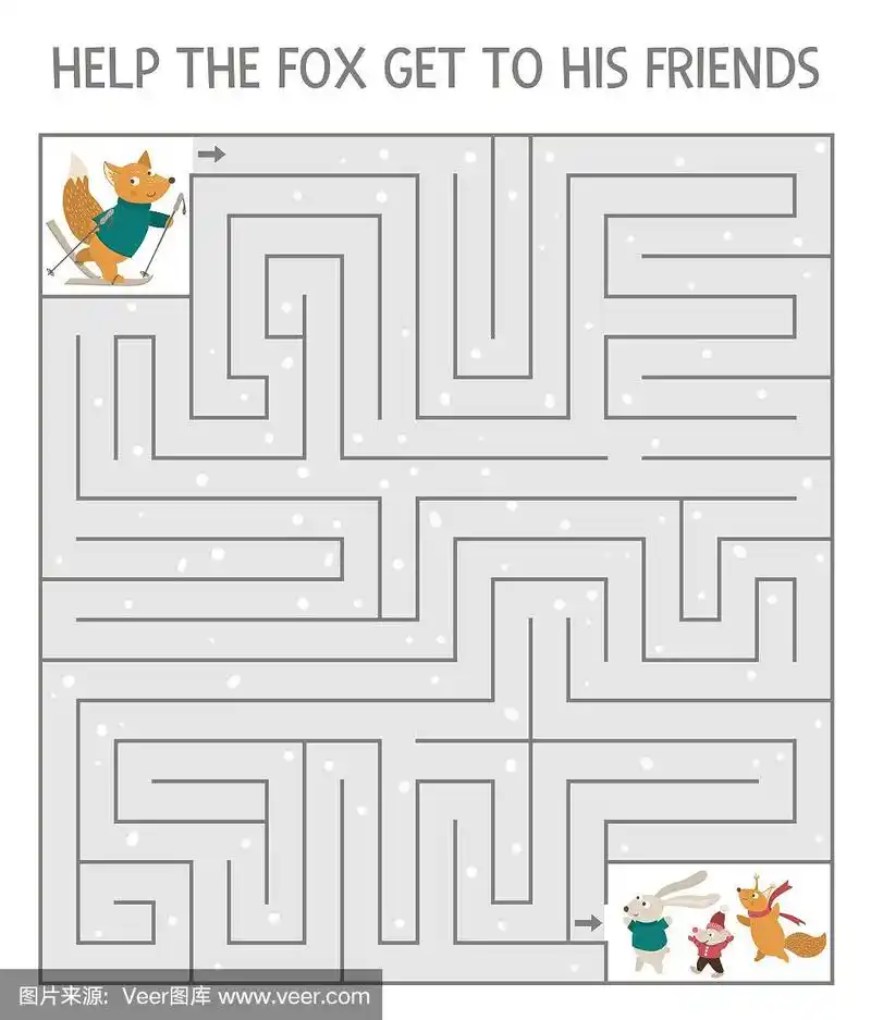 儿童冬季迷宫.幼儿园的圣诞活动.新年益智游戏与动物.帮助狐狸找到他