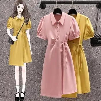 夏天加大码polo领短袖连衣裙女夏季加肥加大号胖妹妹绑带设计感收腰