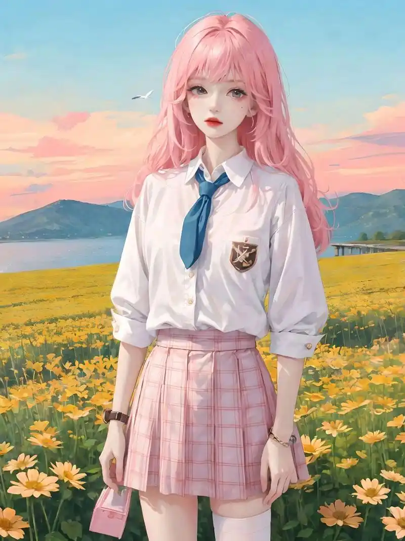 jk少女|头像壁纸|夕阳花海照 甜系女孩|jk制服|绝美壁纸