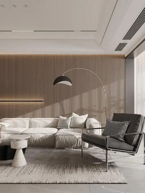 客厅沙发背景墙和木格栅来个梦幻联动吧!