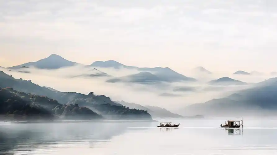 湖面上渔船渔民远景渔船渔民渔夫山水画意境自然景色山湖风景旅游宣传