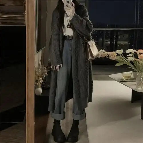 灰色麻花毛衣女针织外套中长款韩版慵懒风宽松复古开衫