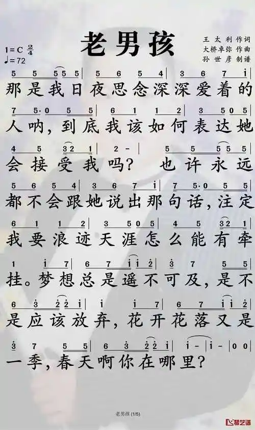 老男孩简谱歌词词:王太利曲:大桥卓弥那是我日夜思念深深爱着的人啊