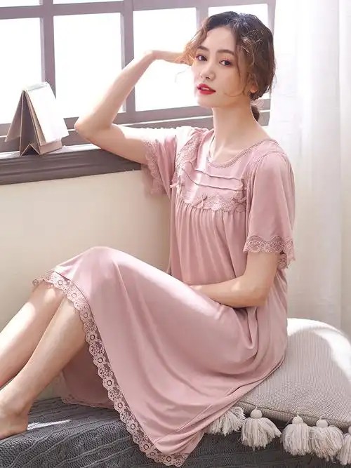 2021年新款莫代尔睡衣女夏季睡裙短袖冰丝家居服大码薄款中年妈妈