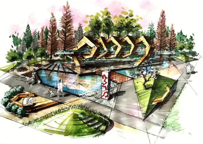 手绘上色步骤公园休闲区手绘马克笔上色