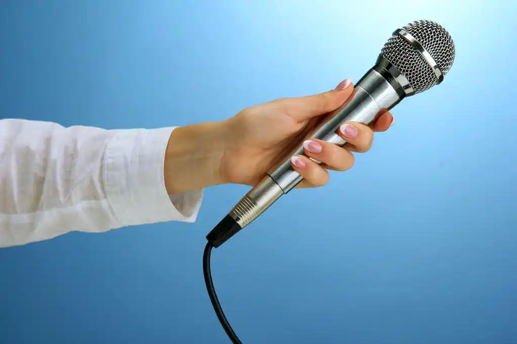 女性,手,麦克风,蓝色背景,背景