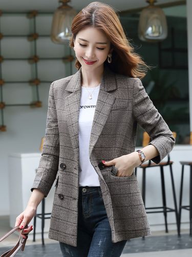 格子女士西装外套春秋冬新款韩版休闲气质女神范毛呢小西服上衣女