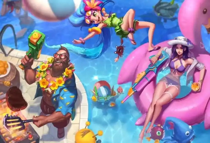 lol 泳池派对登陆主题界面:女警慵懒日光浴 船长火热煎牛排