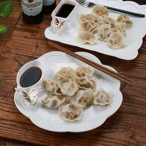 日式陶瓷水饺子盘家用沥水蒸饺凉冷菜牛排盘创意描金带醋碟早餐盘