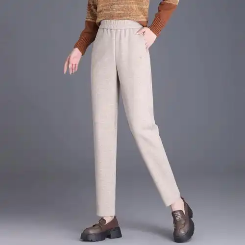 羊毛呢小个子显高哈伦裤女士高腰秋冬季中年妈妈九分小脚萝卜裤子