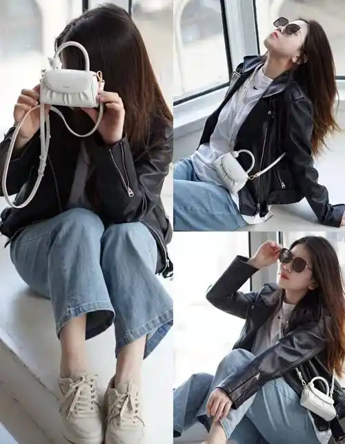 女生春季穿黑皮衣太帅了!