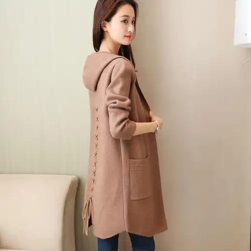 连帽毛衣外套女中长款加厚长袖韩版宽松开衫秋冬2017新款针织大衣