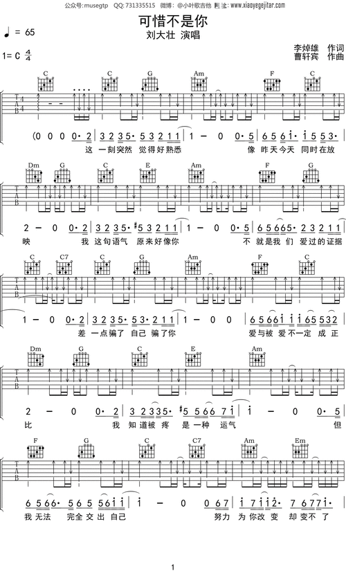 刘大壮可惜不是你吉他谱c调吉他弹唱谱
