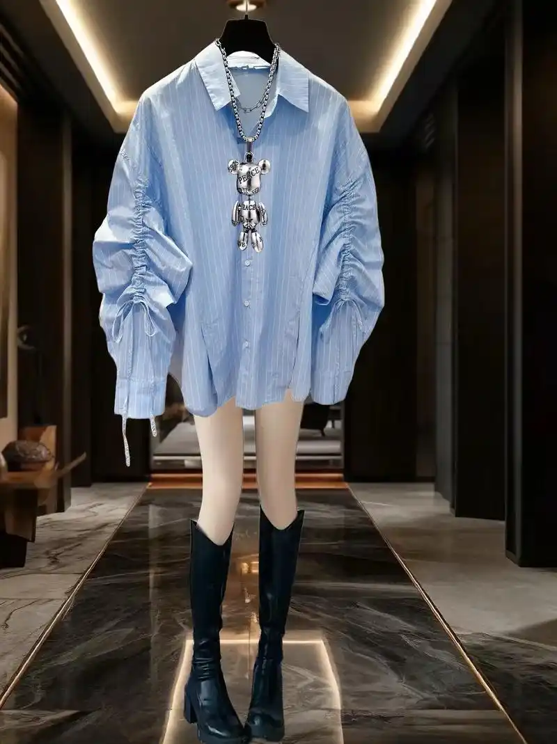 中长款小众设计宽松抽绳条纹衬衫上衣.#谁穿谁好看 这款衬衫衣 - 抖音