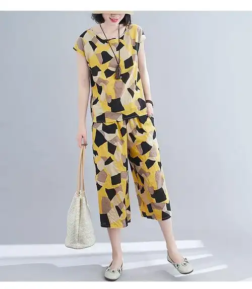 棉绸套装外出套装新款女时尚外穿两件套短袖七分裤休闲睡衣绵绸年轻款