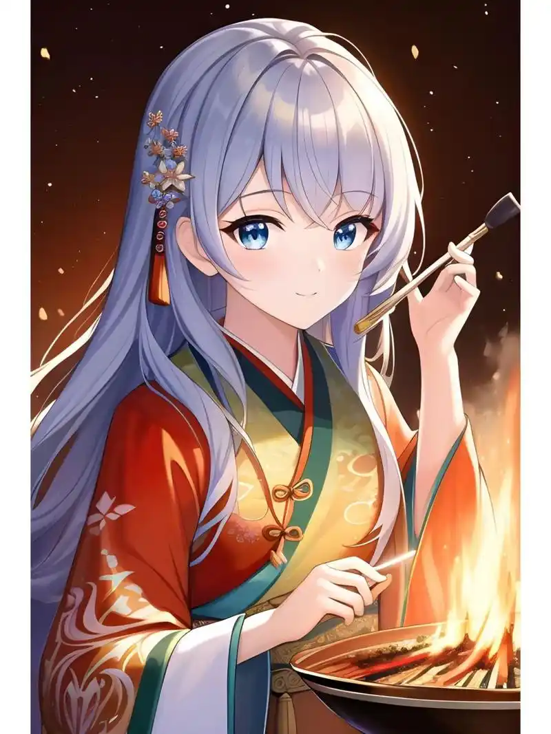 温馨灯光下的汉服裙装女子,动漫二次元绘画