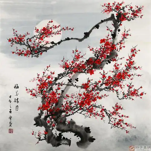 qasd安徽美协何华贤四尺斗方《梅花伴月》