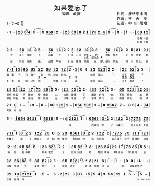 如果爱忘了 戚薇 钢琴谱