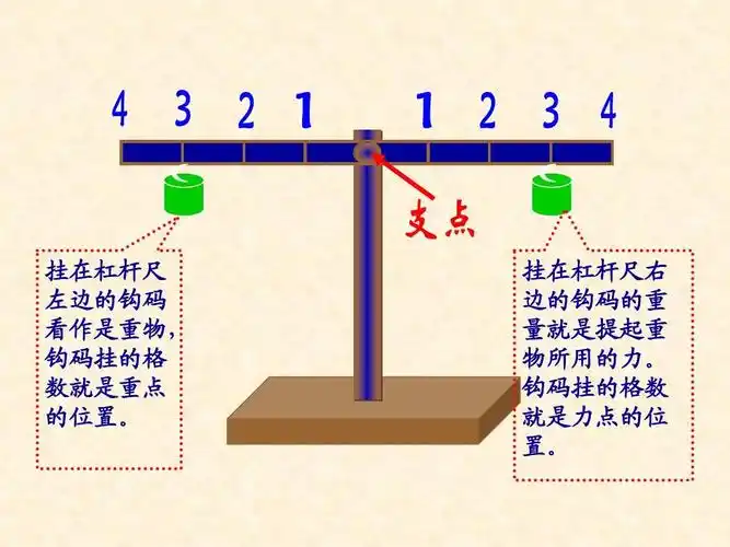 的位置. 挂在杠杆尺右 边的钩码的重 量就是提起重 物所用的力.