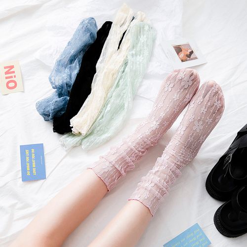 甜美花朵袜子女中筒蕾丝薄款夏季仙女网红长袜网纱日系凉鞋堆堆袜