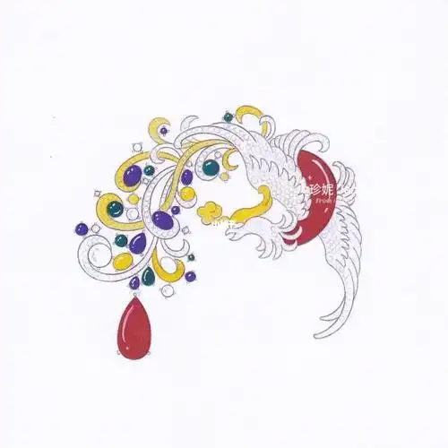 珠宝手绘设计红珊瑚凤凰胸针
