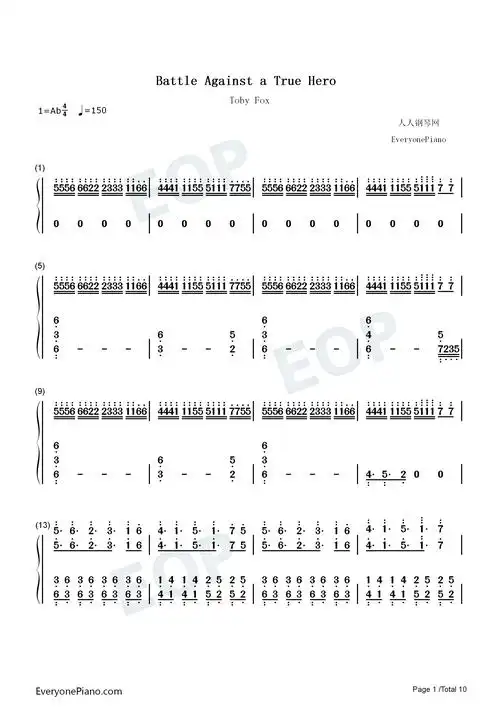 battle against a true hero-传说之下ost-undertale ost双手简谱预览