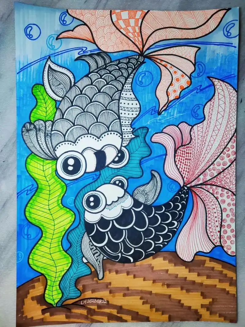 第十五篇:就叫《七夕鱼儿》适合9～12岁的小朋友#黑白线描画 - 抖音