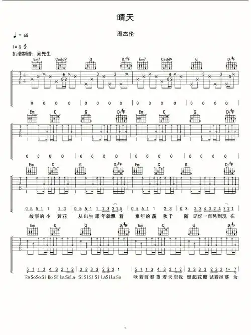 晴天吉他谱分享喜欢的点赞收藏哦