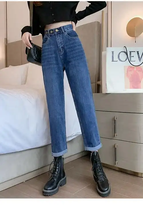 深蓝色牛仔裤女直筒宽松高腰显瘦秋装2021年新款哈伦裤子