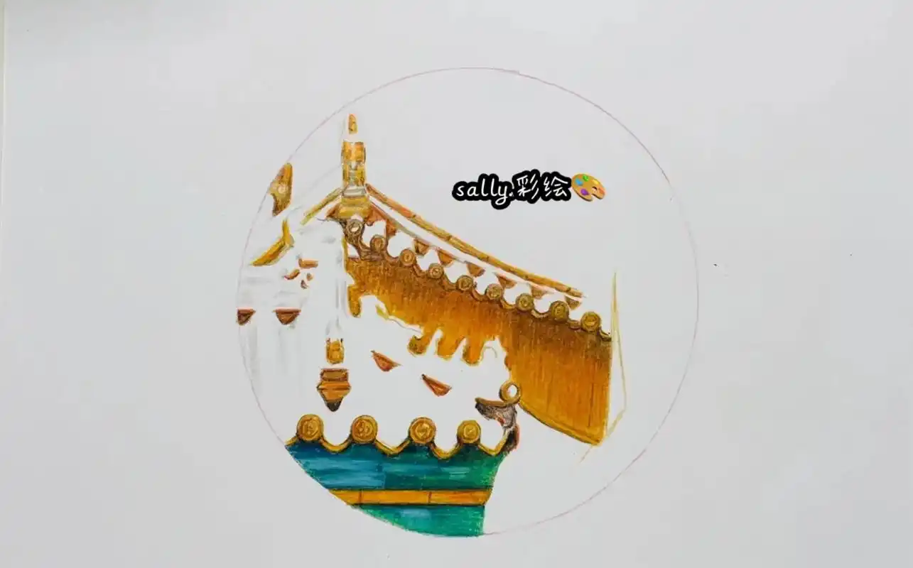 彩铅手绘故宫雪景大雪
