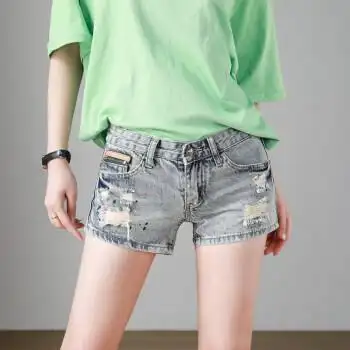 女款夏季牛仔破洞超短裤短裤女韩版时尚显瘦直筒低腰热裤子潮 浅蓝色.