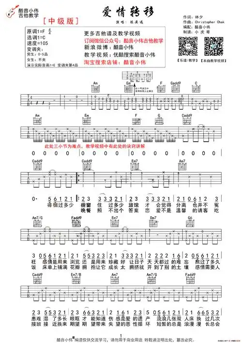 陈奕迅爱情转移吉他谱c调吉他弹唱谱中级版本