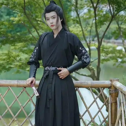 十里清欢正版原创汉服男黑红色霸气武侠风学生交领刺绣中国风套装