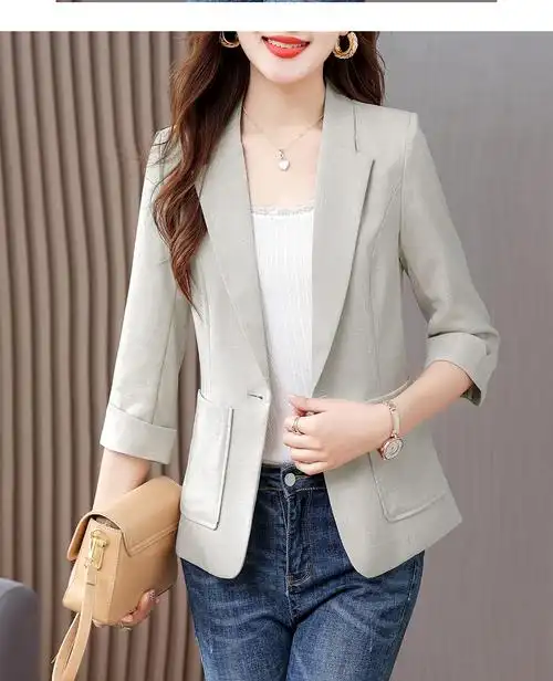 小西装外套女夏季薄款休闲2023新款短款小个子七分袖纯色中袖西服