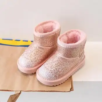 韩版水钻女童雪地靴公主靴子2022年冬季新款儿童大棉保暖雪地棉鞋粉色