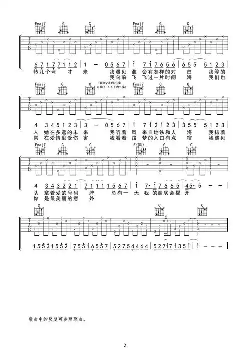 遇见吉他谱孙燕姿男生弹唱版c调