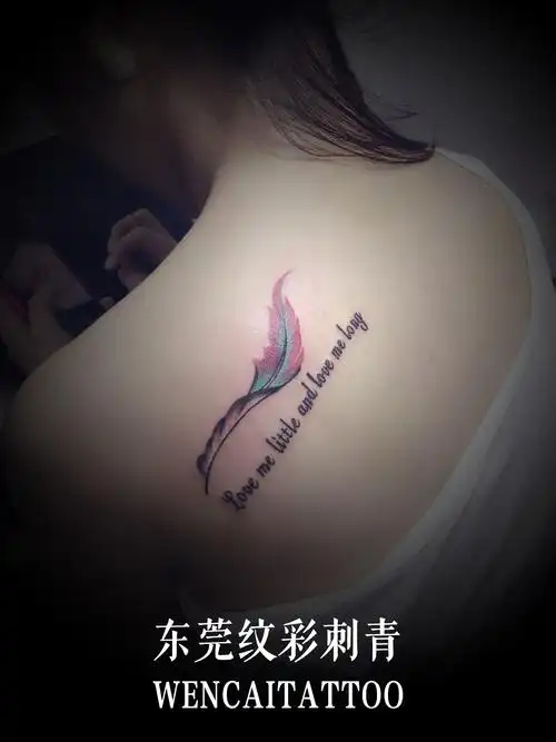 关小姐后背的彩色羽毛翅膀纹身图案