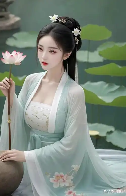 在淡雅的蓝色天幕下,一位古装女子,坐在池塘的边缘,淡雅如菊,静谧如水
