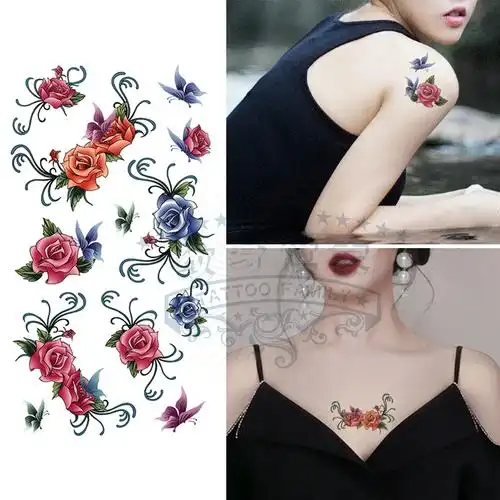 玫瑰花纹身贴防水防汗女持久性感网红款ins风羽毛唇印遮疤非永久
